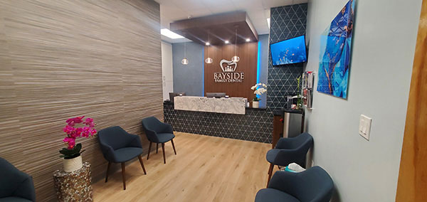 The image shows an interior space that appears to be a waiting area within a dental office or similar healthcare facility.